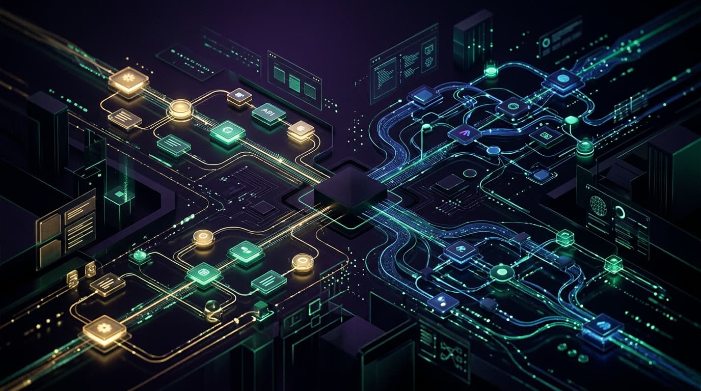 Abstract editorial illustration about: Zapier vs Make: which one to choose for your business automation